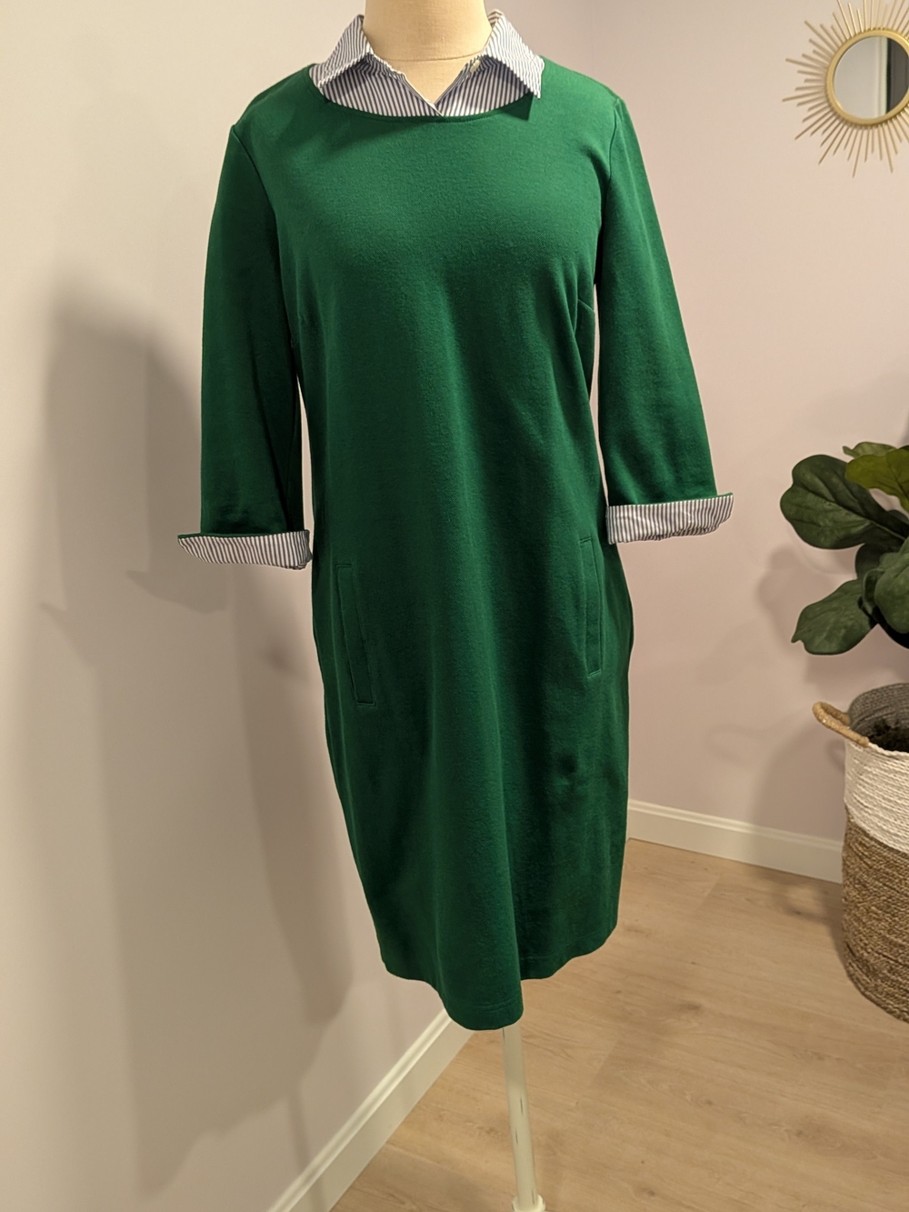 Talbots Emerald Green Shift Dress | Striped Collar Cuffs | Preppy Classic Office